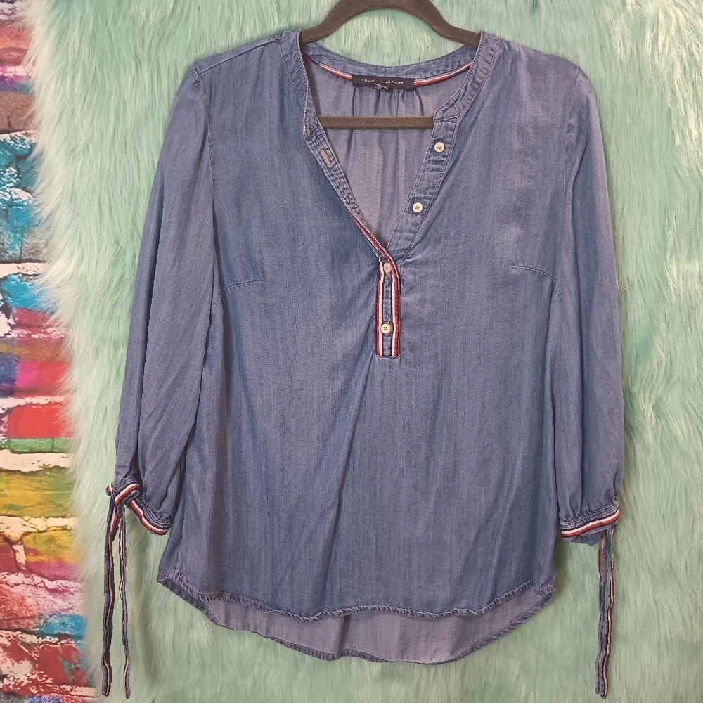 Tommy Hilfiger Long Sleeve Front Button Blue Top Size L